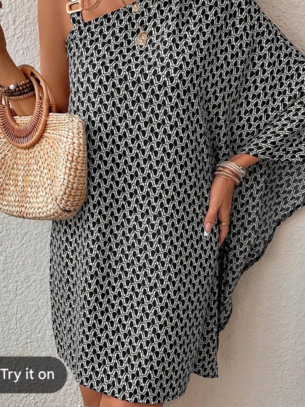 Off Shoulder Dress Navy & White Patterned with Gold Buckle